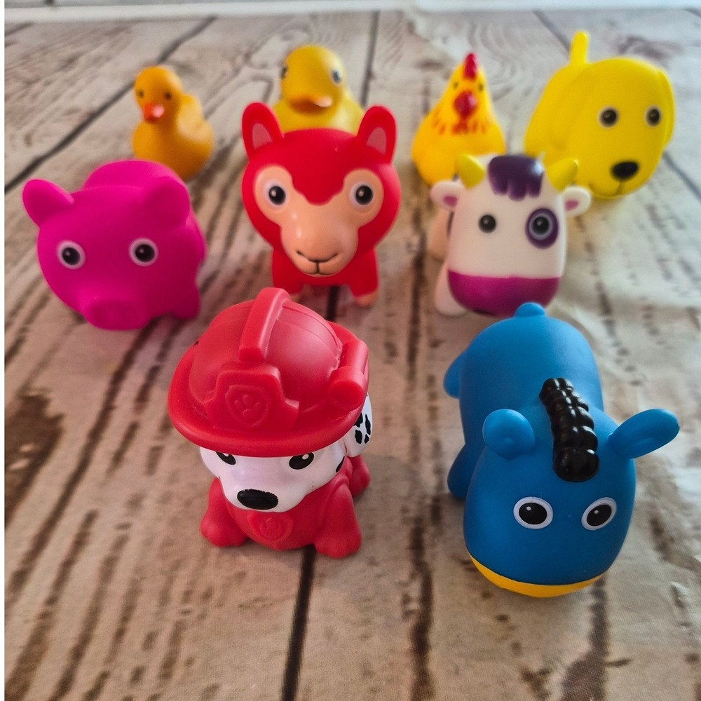Assorted Rubber Bath Toy Lot Paw Patrol Marshall Duck Cow Pig Llama 9pc Set